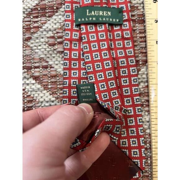 Vintage Lauren Ralph Red 100 Percent Silk Geometric Tie - Picture 3 of 4